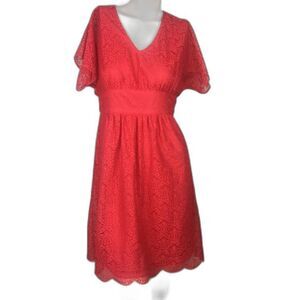 Adrianna Papell Vibrant Coral Lace Overlay Eyelet A Line Dress Short Sleeve 4